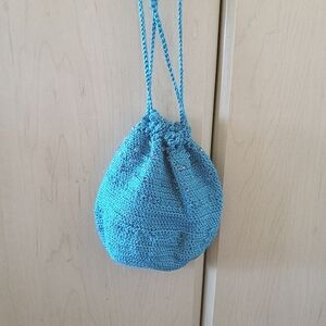 Hand made turquoise Blue Crochet & beaded Drawstring Bag